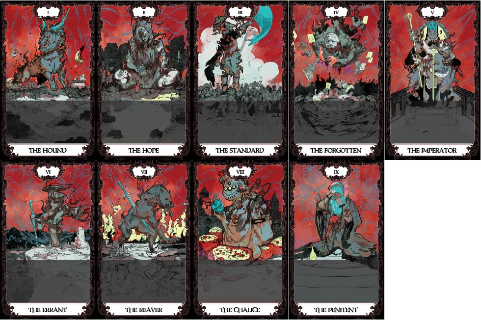 Neuf cartes dans un cadre sombre sur fond rouge : The Hound, The Hope, The Standard, The Forgotten, The Imperator, The Errant, The Reaver, The Chalice, The Penitent