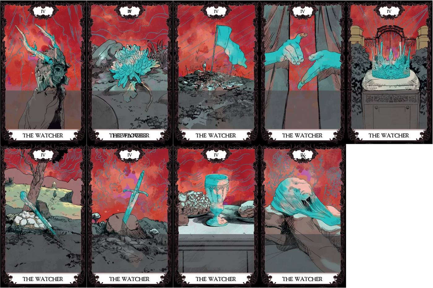 Neuf cartes d'Aspects pour The Watcher : une corne de cerf, une fleur, un drapeau, deux mains, une couronne, une lame, une épée, un calice, un corps allongé, en bleu sur fond rouge