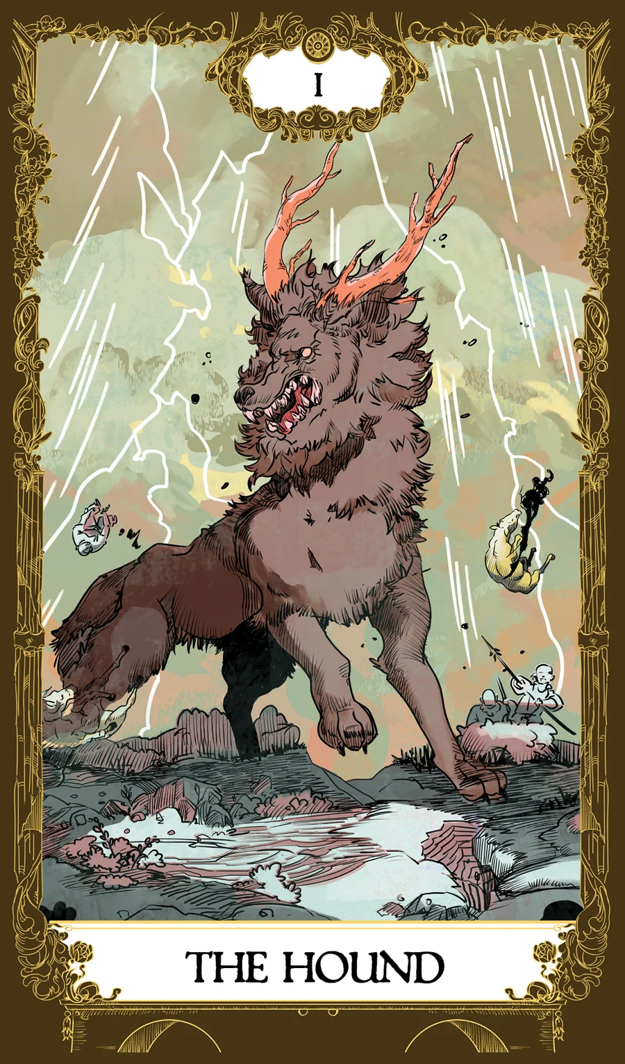 La carte finale The Hound : un grand chien-cerf aux bois rouges sous l'orage, cadre doré