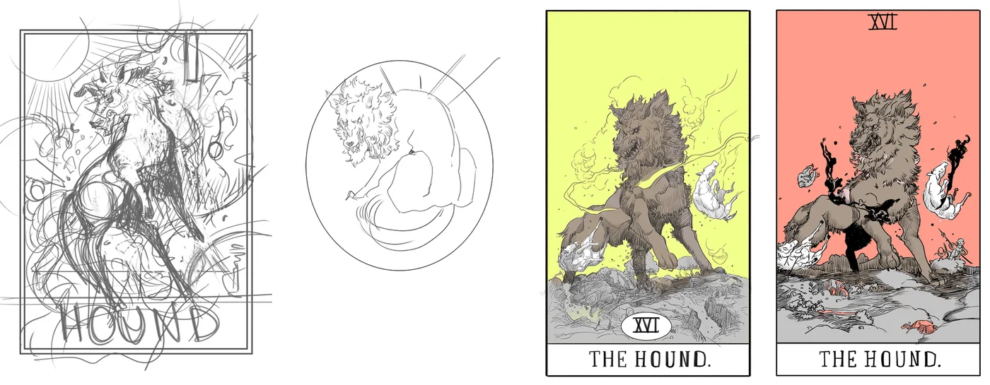 Quatre étapes de The Hound : un premier jet très lâche, une esquisse dans un cercle, une version colorée en jaune, puis une version à plat sur fond rose