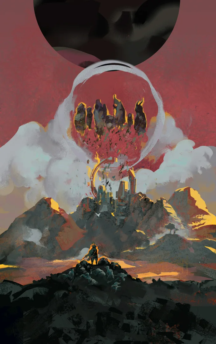Étude de couverture peinte : une silhouette sur un rocher face à des montagnes, des nuages et, dans un anneau, des pierres levées dans un ciel rouge